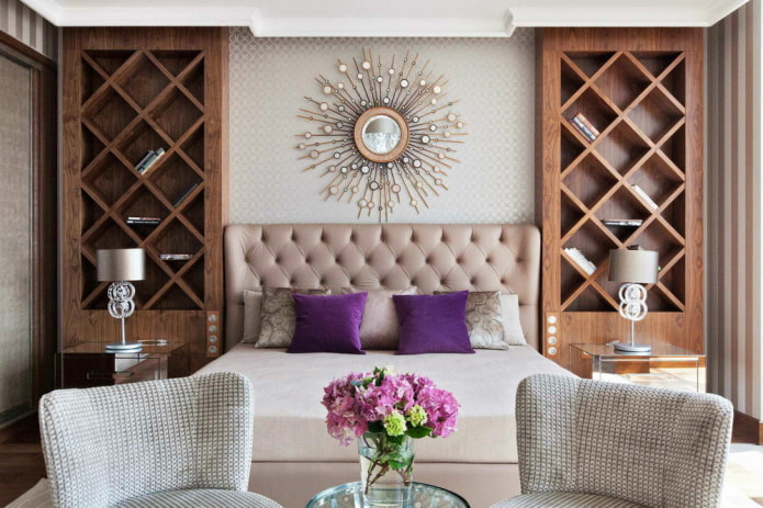 bed with a soft headboard in art deco style