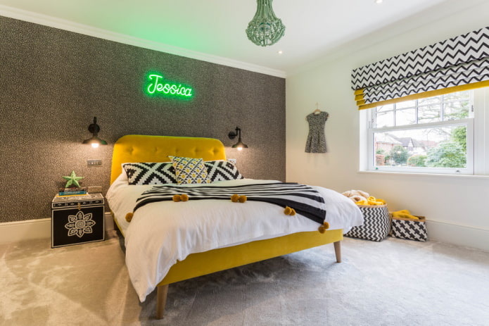bed with a soft headboard in a teenager's room