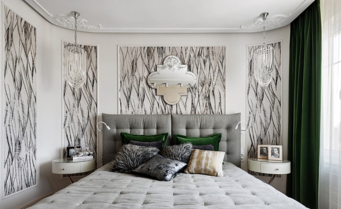 bed with a gray headboard in the interior