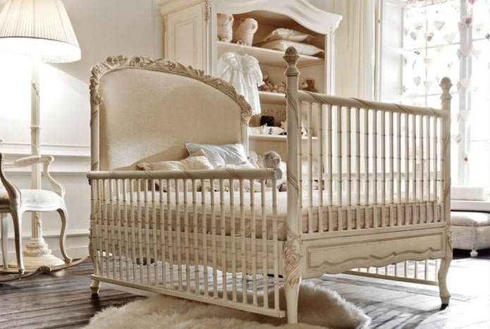 carved children's bed in the interior