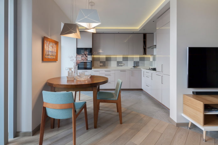 round brown table in the kitchen interior