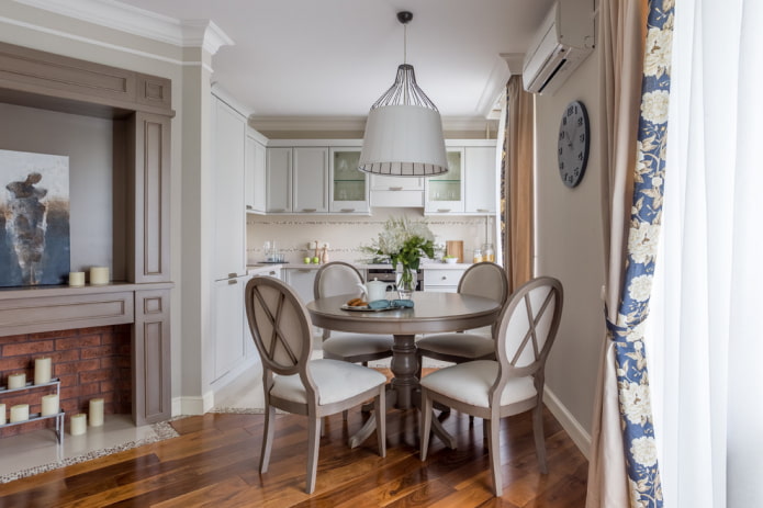 round gray table in the kitchen interior