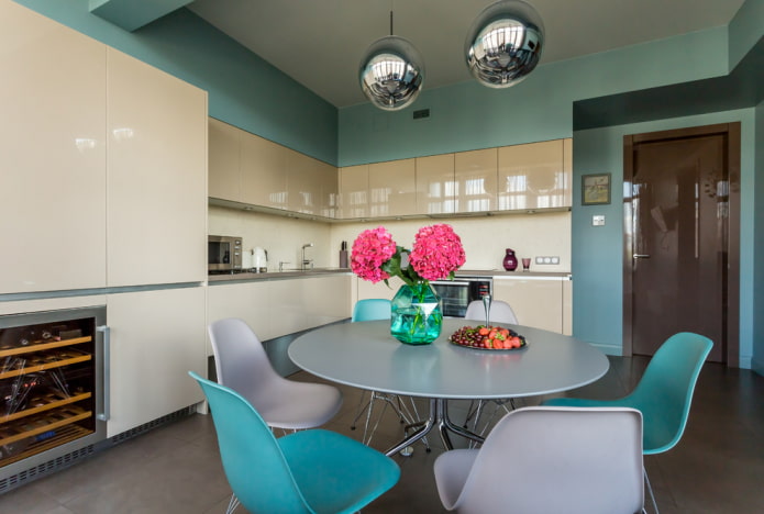 round gray table in the kitchen interior
