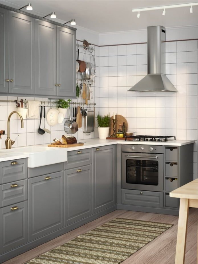 gray kitchen with gold handles