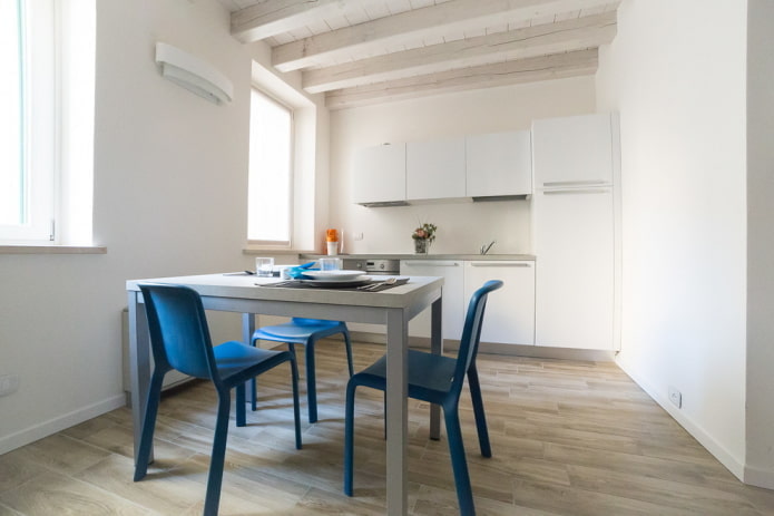 White kitchen with blue chairs