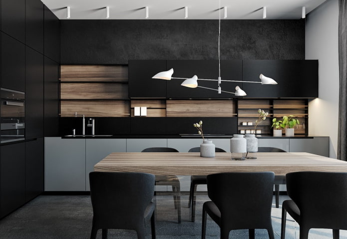 Black kitchen with gray cabinets