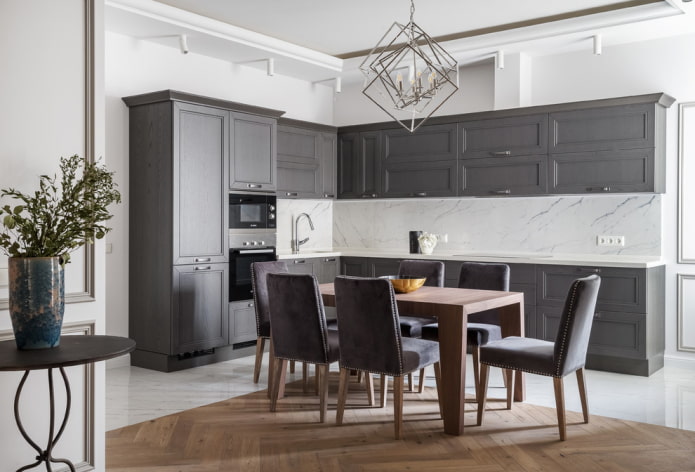 L-shaped kitchen set and soft chairs