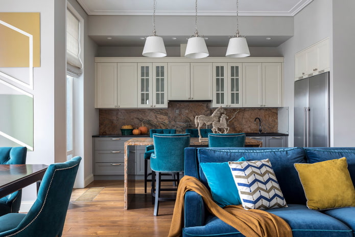 Gray kitchen with colored details