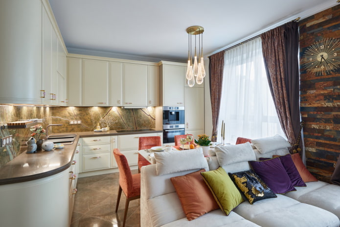 Corner kitchen, table and sitting area
