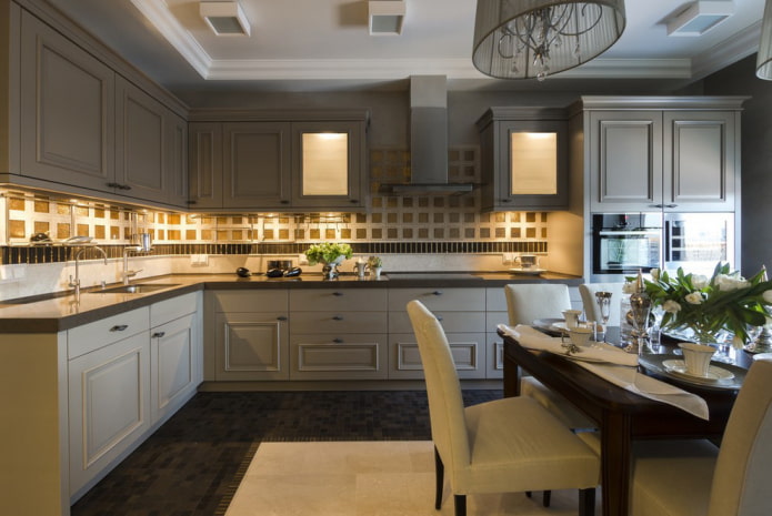 Gray kitchen with a golden apron
