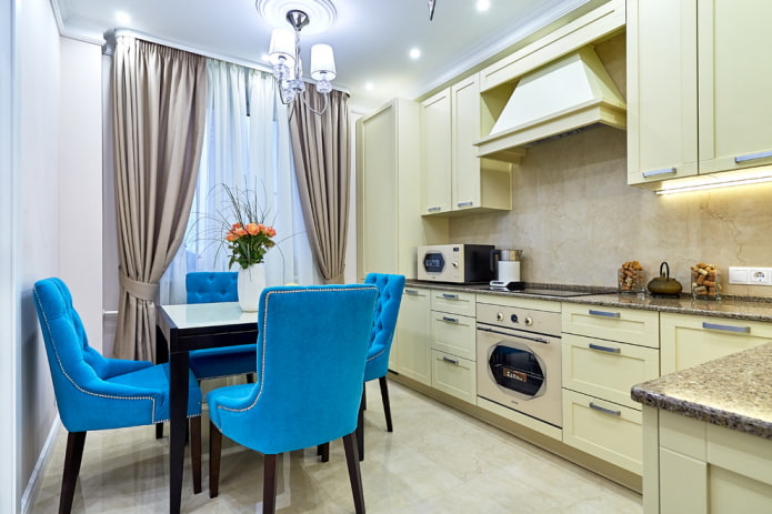 Bright dining area and laconic kitchen set