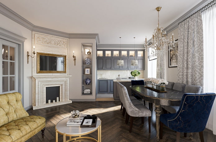 Large kitchen with a dining room and a sofa