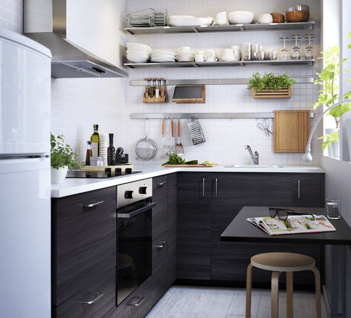 dark kitchen with shelves