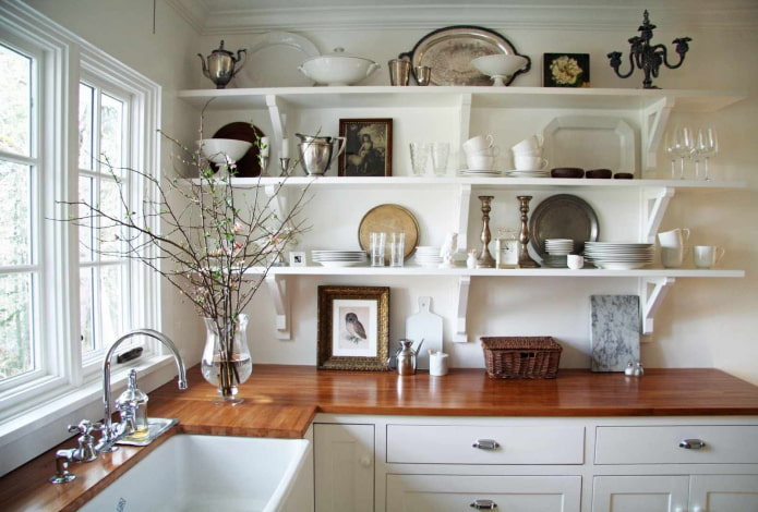 kitchen shelves with dishes