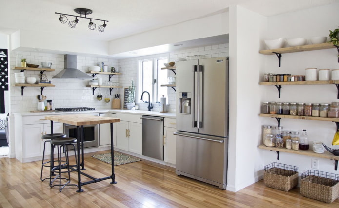 shelves in a white kitchen