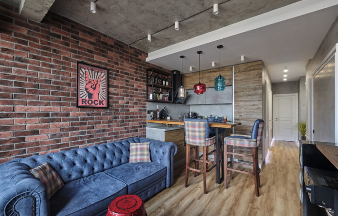 design of the kitchen-living room in the loft style