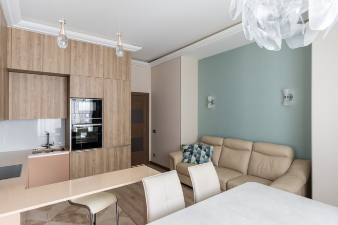 location of the sofa in the interior of the kitchen-living room