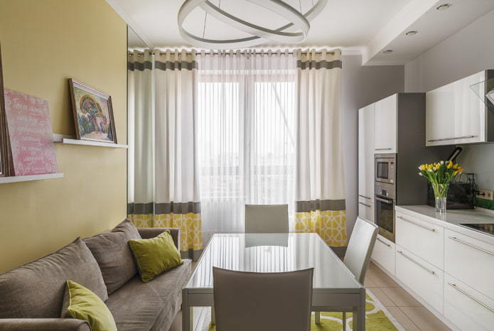 design of a square kitchen-living room