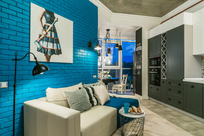 kitchen-living room interior with balcony