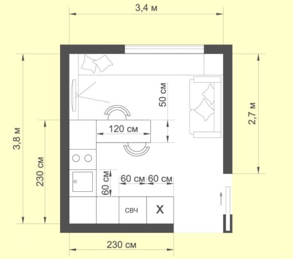 planning a kitchen-living room of 12 square meters