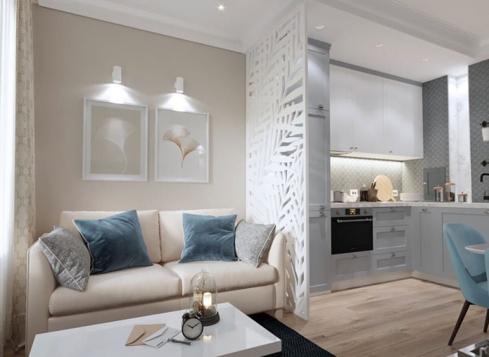 zoning of a kitchen-living room of 12 square meters