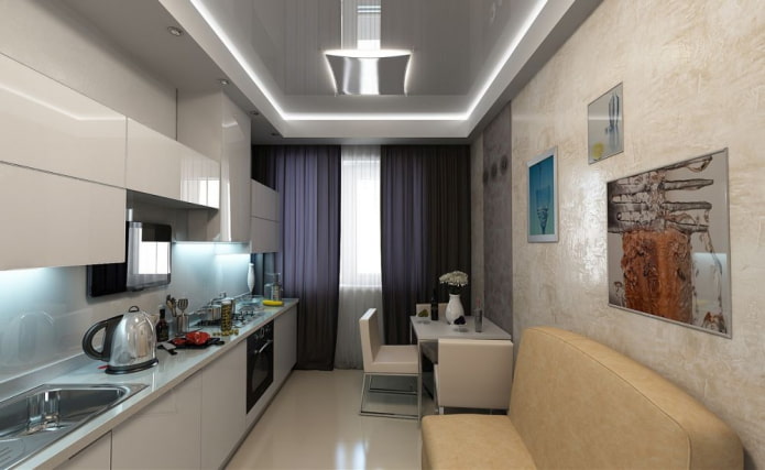 design of the kitchen-living room in the hi-tech style