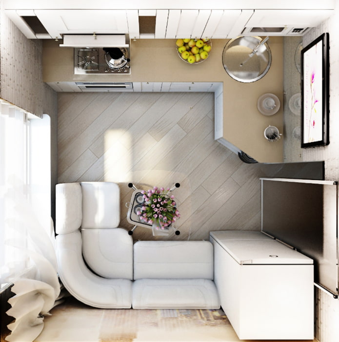 Layout of a kitchen-living room with a corner sofa