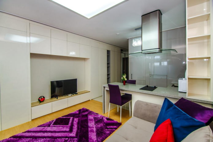 arrangement of a kitchen-living room of 15 square meters