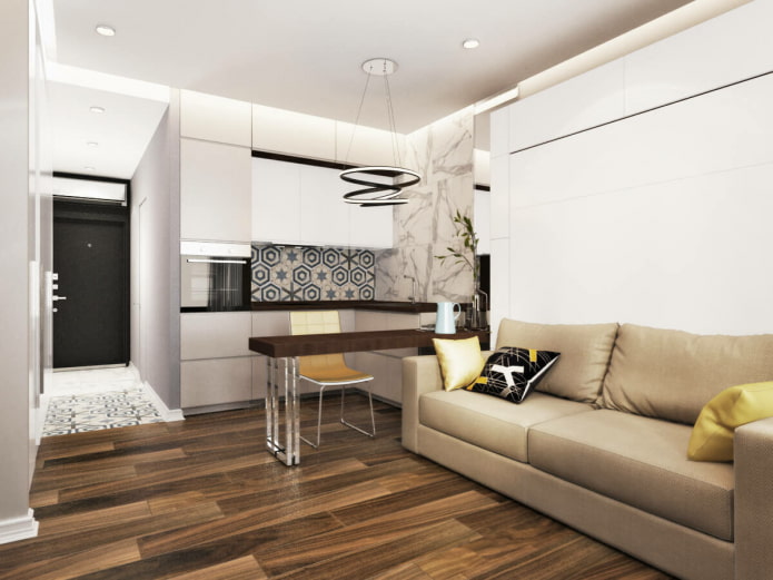 arrangement of the sofa in the kitchen-living room interior