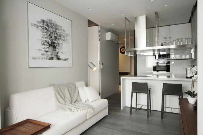 arrangement of a kitchen-living room of 15 square meters