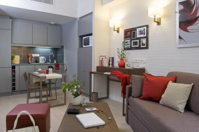 arrangement of a kitchen-living room of 15 square meters