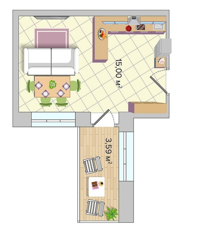 rectangular kitchen-living room