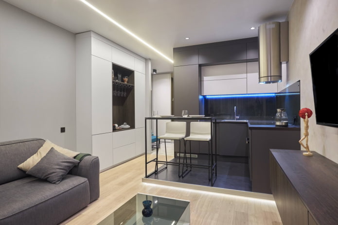 zoning of a kitchen-living room of 15 squares
