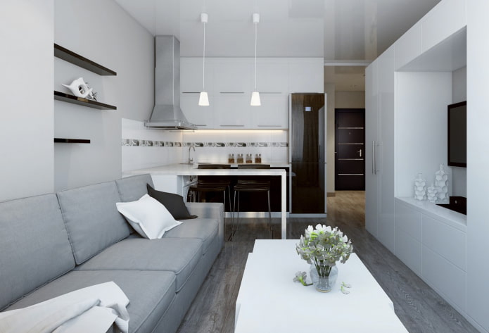 arrangement of the sofa in the interior of the kitchen-living room