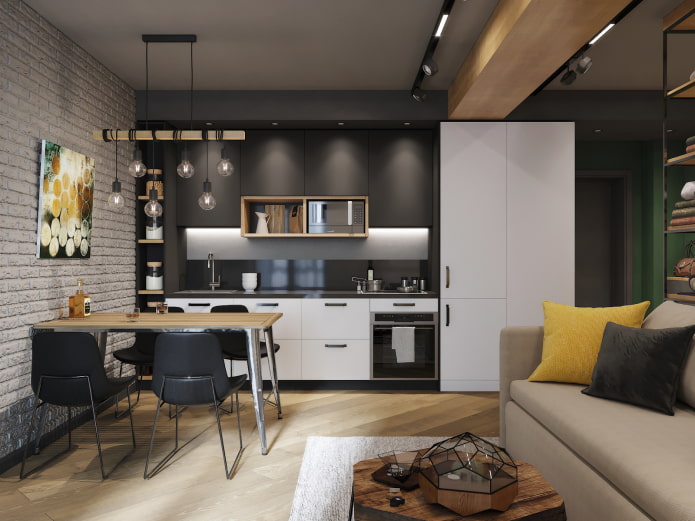 interior of a kitchen-living room of 15 square meters in a loft style