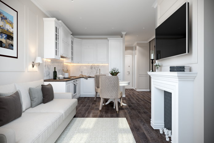 interior of a 15-square-meter kitchen-living room in a classic style