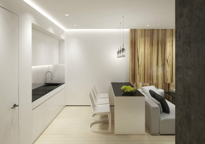 interior of a kitchen-living room of 15 square meters in a minimalist style