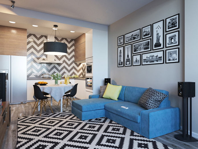 interior of a 15-square-meter kitchen-living room in a Scandinavian style