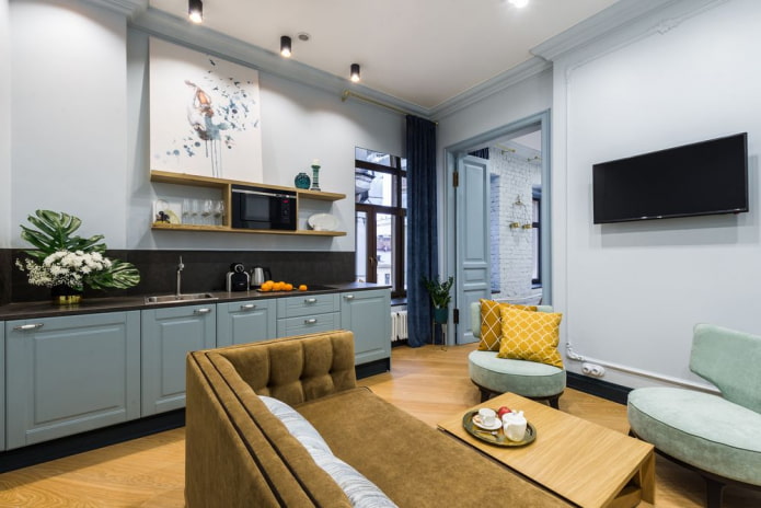 arrangement of a 16-square-meter kitchen-living room