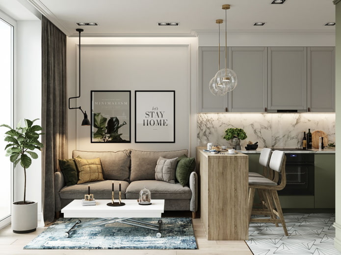 zoning of a kitchen-living room of 16 square meters