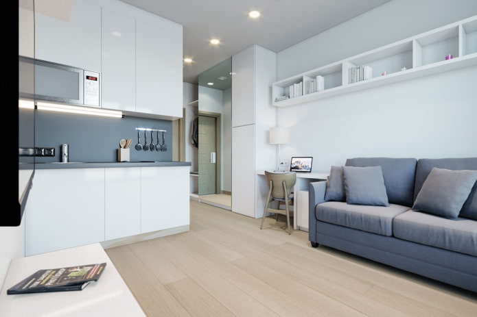 arrangement of a kitchen-living room of 16 square meters