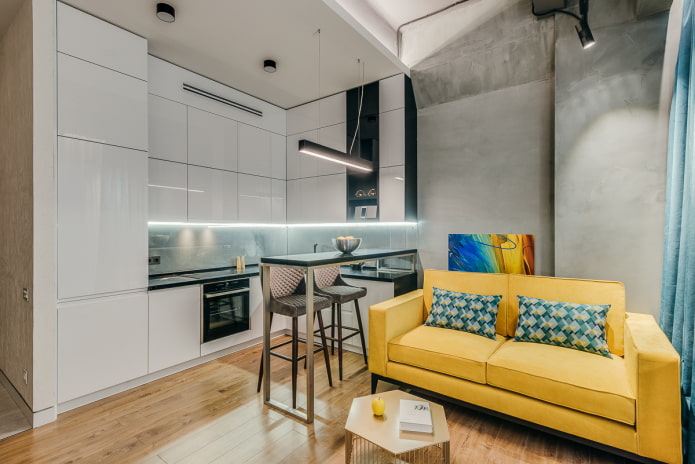 square kitchen-living room of 16 sq