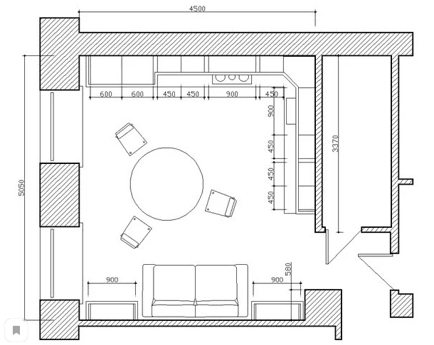 square kitchen-living room of 16 sq