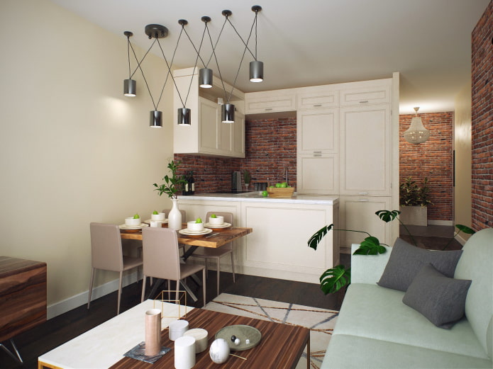 interior design of a kitchen-living room of 16 square meters