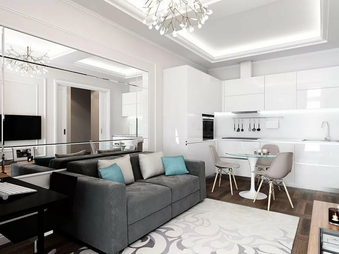 design of interior of kitchen-living room of 16 square meters