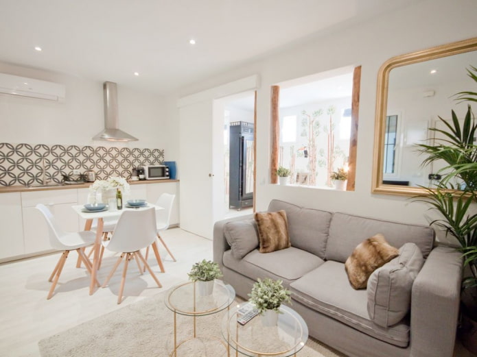 interior design of a kitchen-living room of 16 square meters