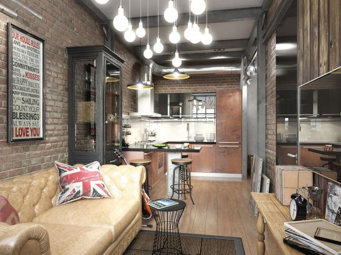 interior design of a kitchen-living room of 16 square meters