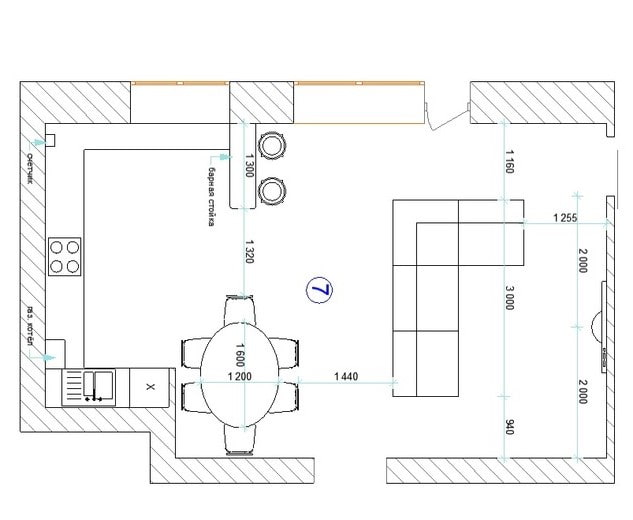 Layout of a kitchen-living room of 30 squares