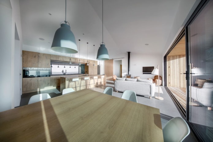 modern interior of a kitchen-living room