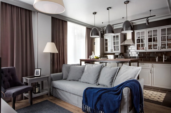 furniture arrangement in the interior of the kitchen-living room